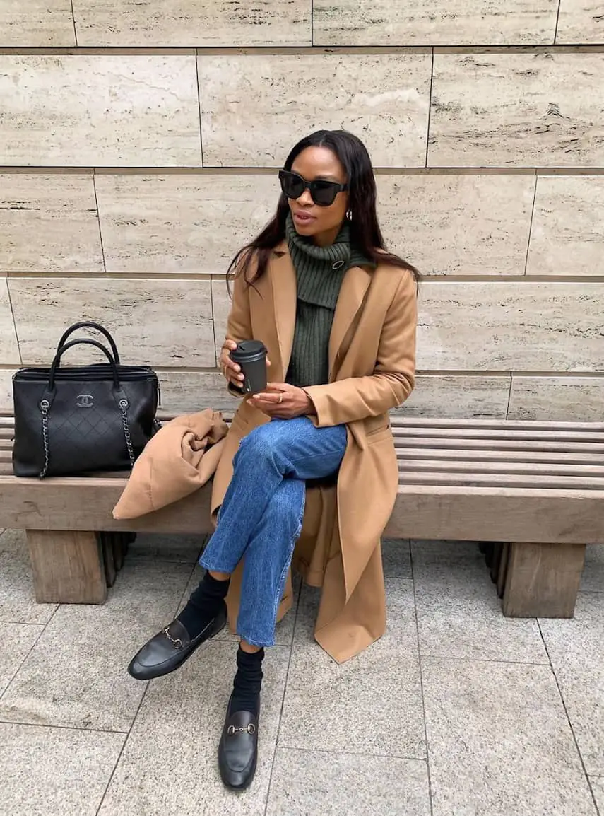 Black Loafers with Jeans and a Camel Coat — Classy Black Loafers Outfit