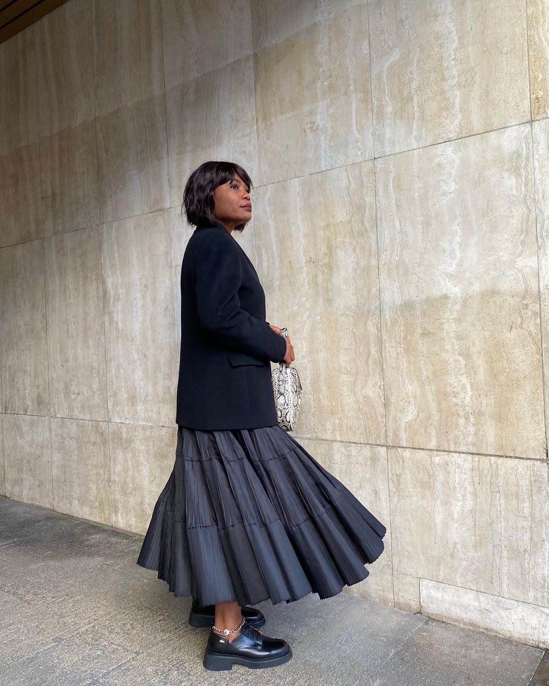 Black Loafers with a Pleated Midi Skirt and Oversized Blazer — Classy Black Loafers Outfit