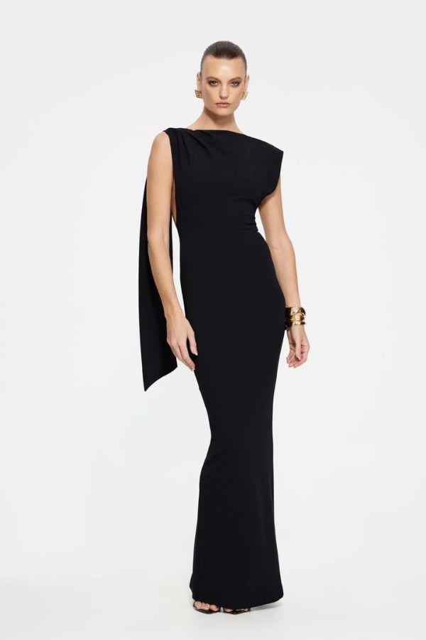 Sleek Black One-Shoulder Gown With Draped Sleeve Sleek Black One-Shoulder Gown With Draped Sleeve — Classy Black Tie Dresses