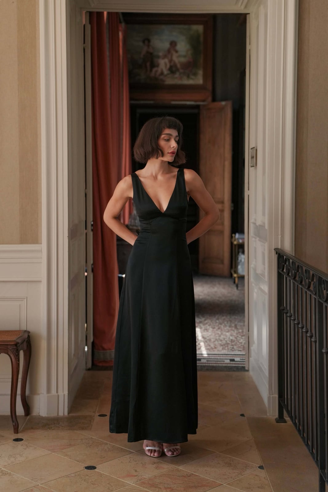 Black Satin Column Dress With Deep V-Neck Black Satin Column Dress With Deep V-Neck — Classy Black Tie Dresses