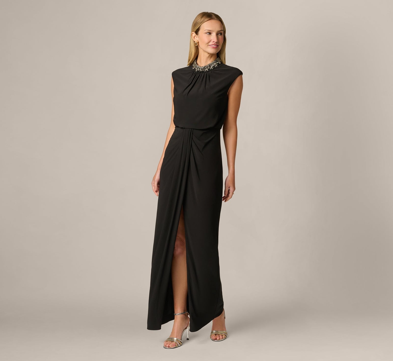 Black Crepe Column Dress With Embellished High Neck Black Crepe Column Dress With Embellished High Neck — Classy Black Tie Dresses