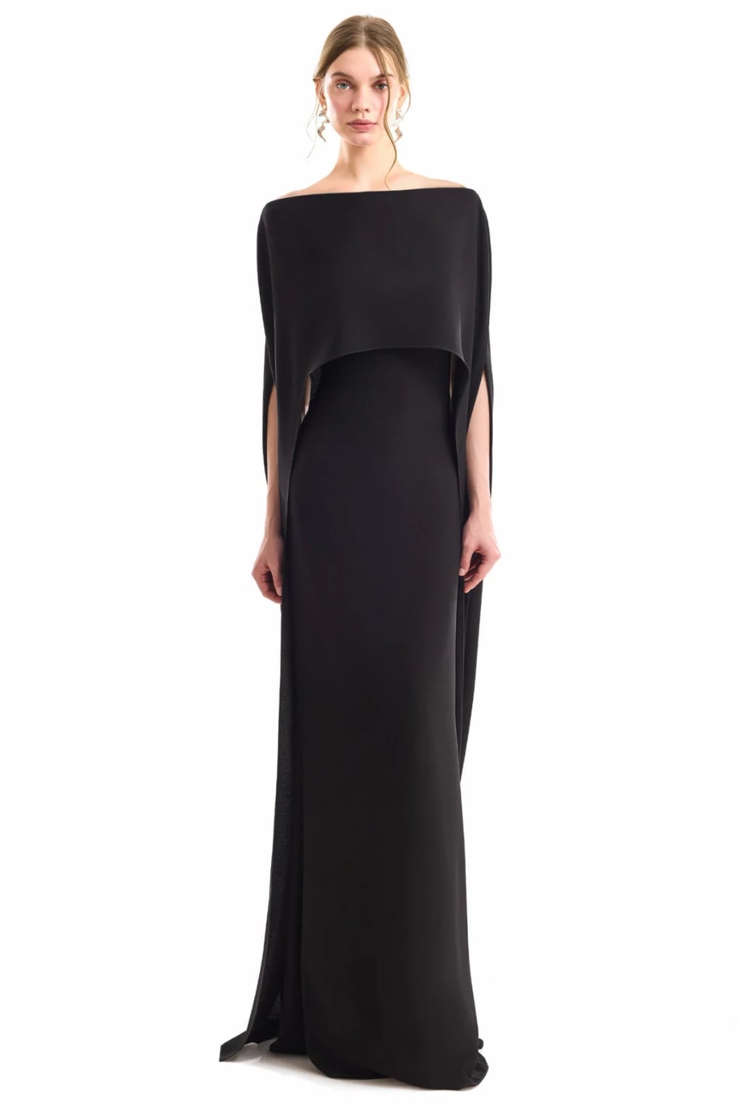 Black Off-Shoulder Dress With Chiffon Cape Overlay Black Off-Shoulder Dress With Chiffon Cape Overlay — Classy Black Tie Dresses