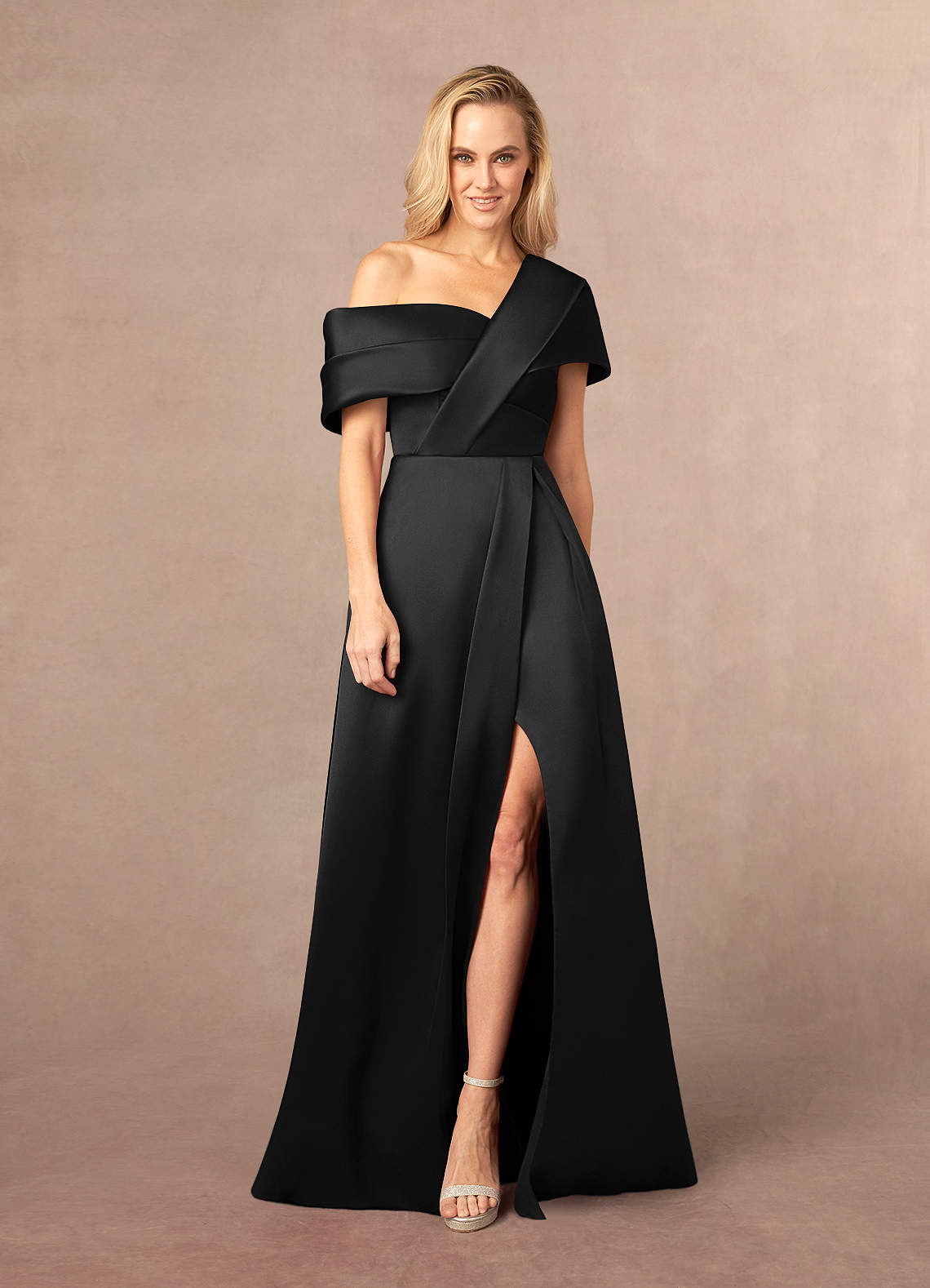 Black Satin Off-Shoulder Dress With Draped Neckline Black Satin Off-Shoulder Dress With Draped Neckline — Classy Black Tie Dresses