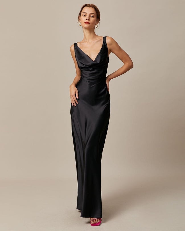 Black Satin Slip Dress With Bias Cut Black Satin Slip Dress With Bias Cut — Classy Black Tie Dresses
