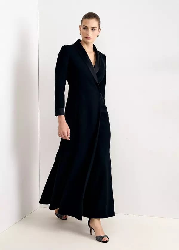 Black Velvet Column Dress With Satin Lapel Black Velvet Column Dress With Satin Lapel — Classy Black Tie Dresses