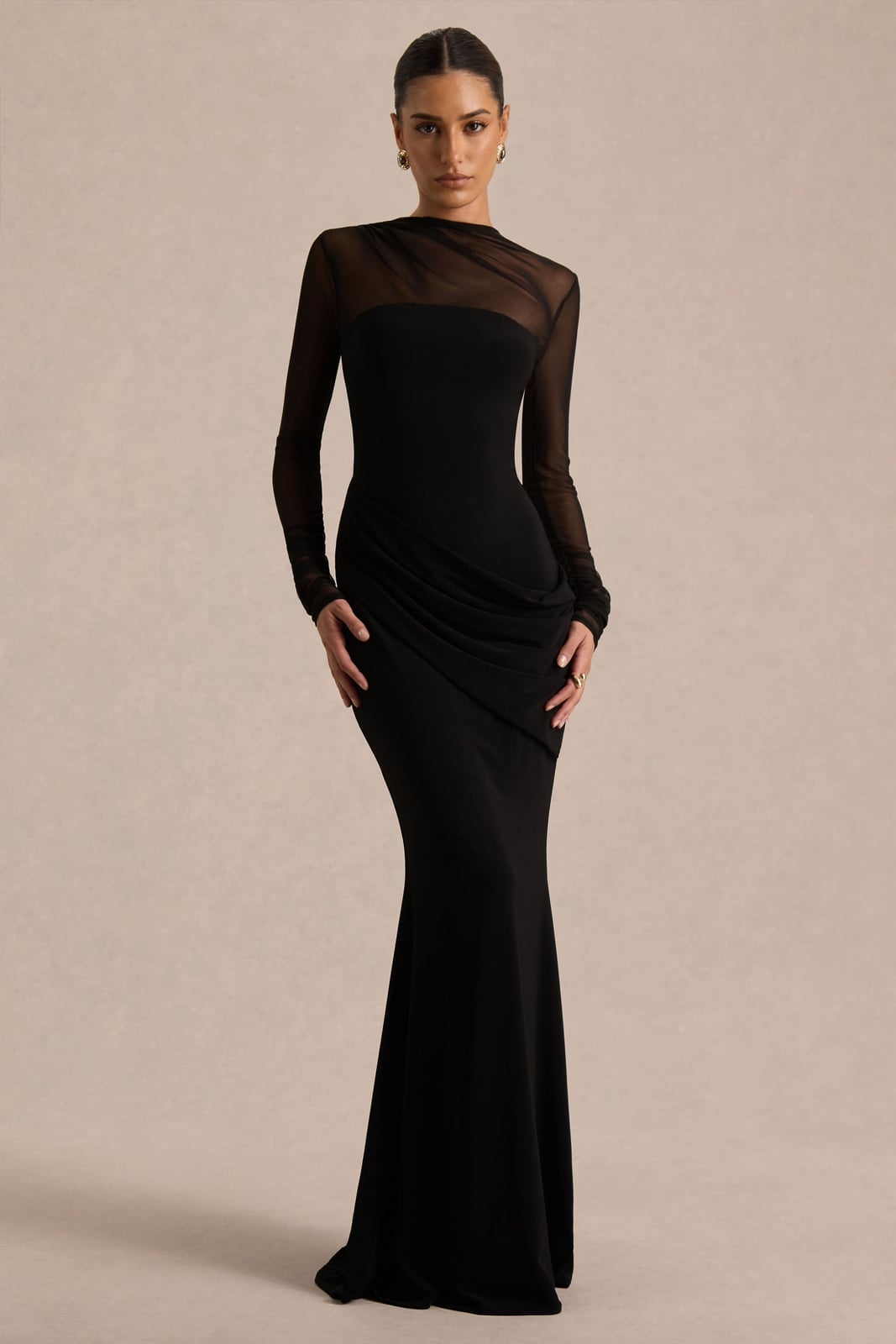 Black Jersey Mermaid Dress With Sheer Mesh Neckline Black Jersey Mermaid Dress With Sheer Mesh Neckline — Classy Black Tie Dresses