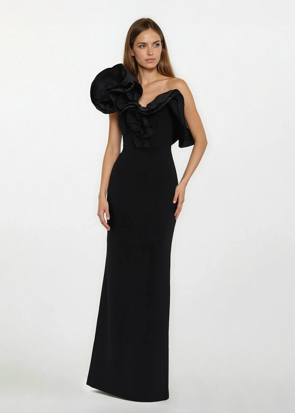 Black Column Gown With Ruffled Off-The-Shoulder Detail Black Column Gown With Ruffled Off-The-Shoulder Detail — Classy Black Tie Dresses