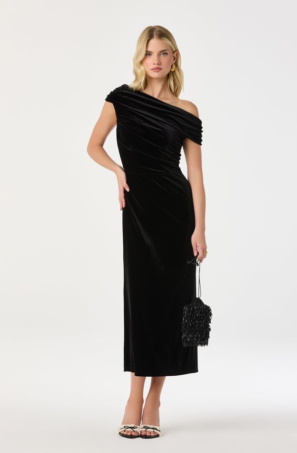 Black Velvet Column Dress With Ruched Off-Shoulder Neckline Black Velvet Column Dress With Ruched Off-Shoulder Neckline — Classy Black Tie Dresses