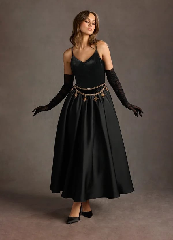 Black Satin A-Line Ballgown With Long Gloves Black Satin A-Line Ballgown With Long Gloves — Classy Black Tie Dresses
