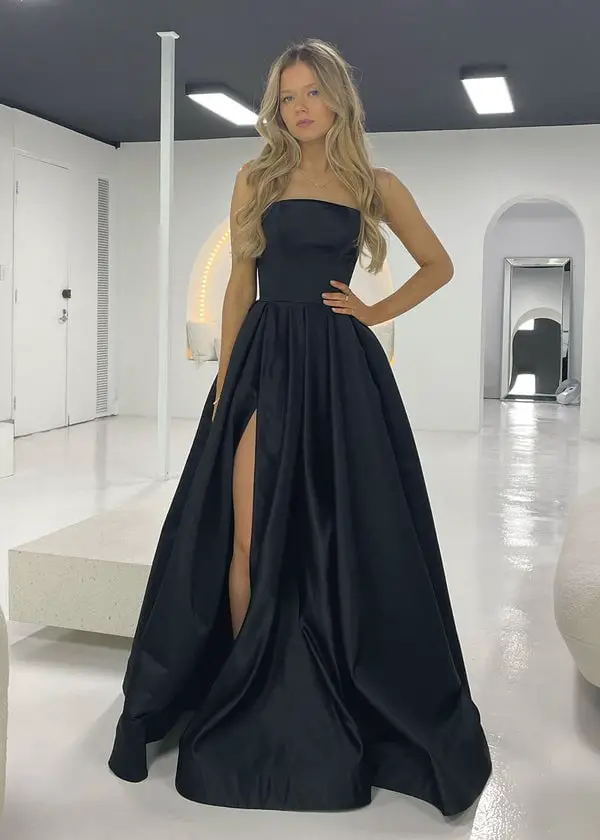 Black Strapless Ballgown With High Slit Black Strapless Ballgown With High Slit — Classy Black Tie Dresses