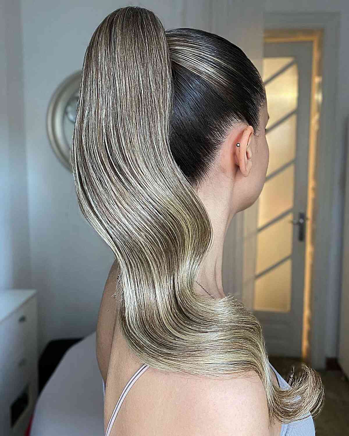 Dark Base Ash Blonde Highlight Ponytail — Classy Blonde Ponytail