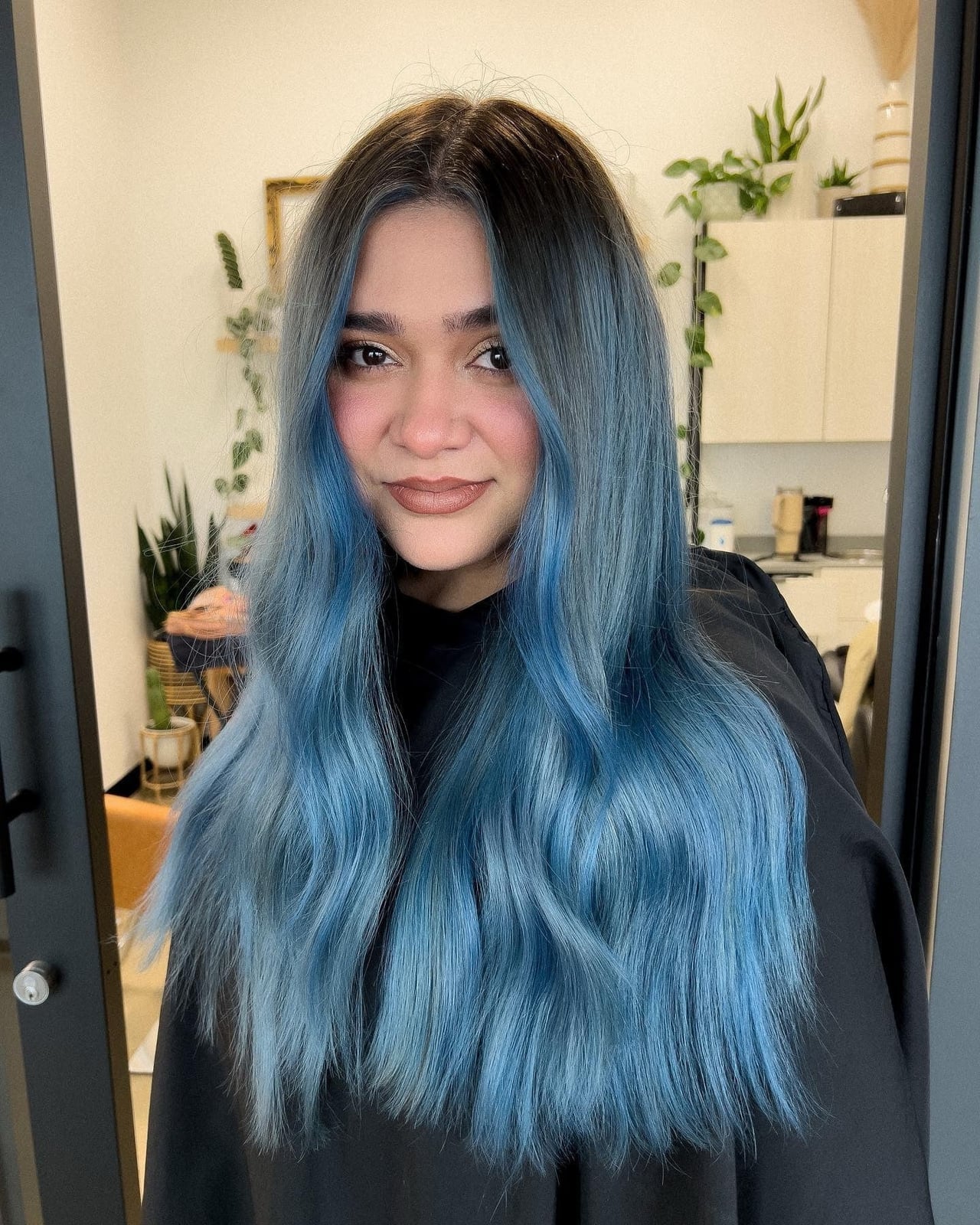 Shoulder Length Light Blue With Darker Roots — Classy Blue Hair Color