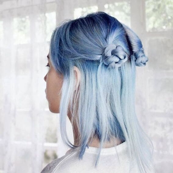 Shoulder Length Braided Buns With Light Blue — Classy Blue Hair Color