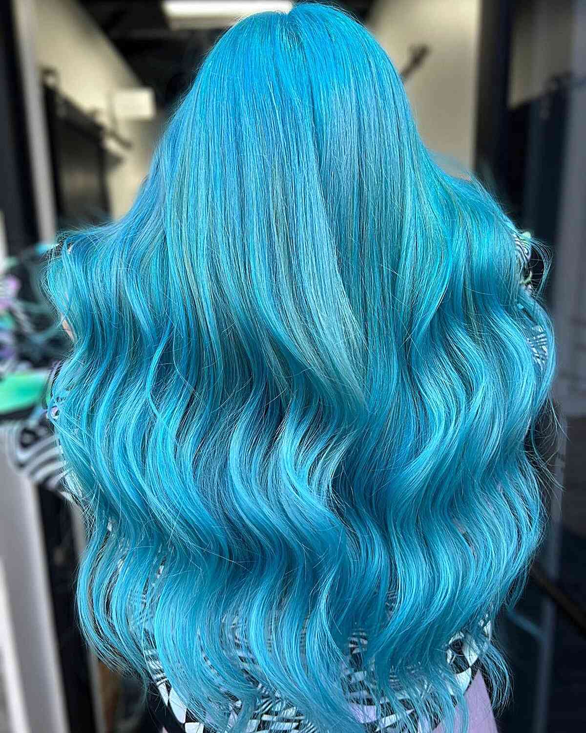 Mid-Back Long Layers With Vivid Blue Balayage, Close-Up Take — Classy Blue Hair Color