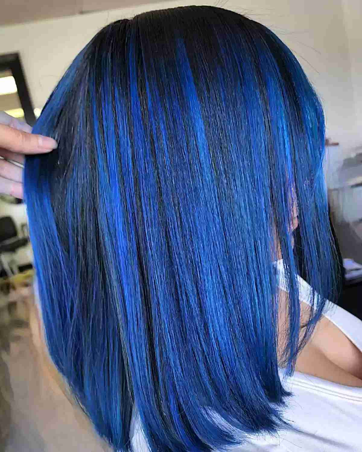 Mid-Back Long Layers With Blue Balayage Texture, Everyday Version — Classy Blue Hair Color