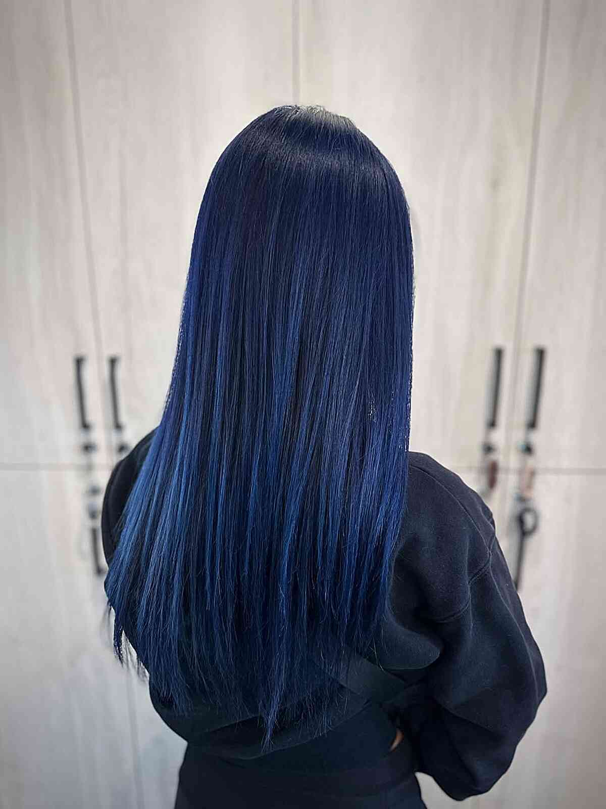 Mid-Back Straight Cut With Blue Balayage — Classy Blue Hair Color