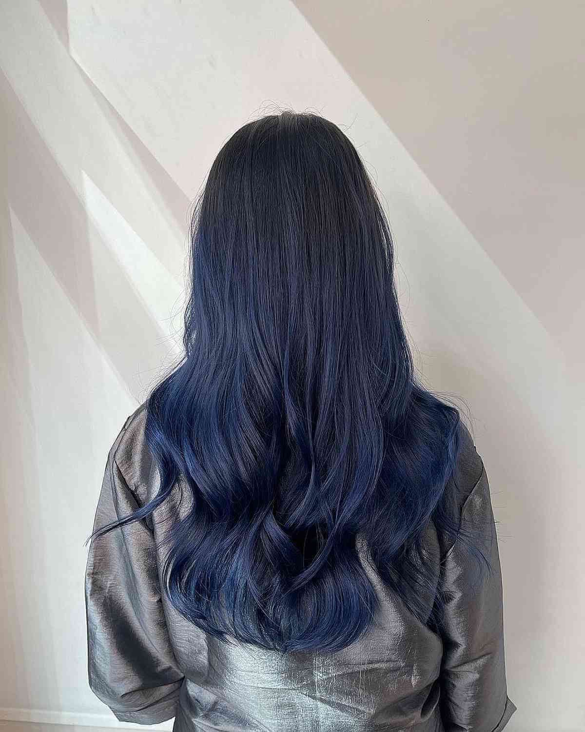 Mid-Back Blue-Black With Loose Waves, Layers — Classy Blue Hair Color