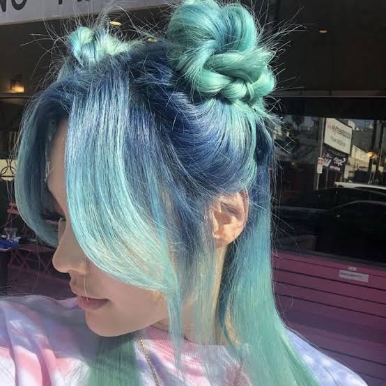 Mid-Back Dark Brown Base With Light Blue Balayage and Curtain Bangs — Classy Blue Hair Color