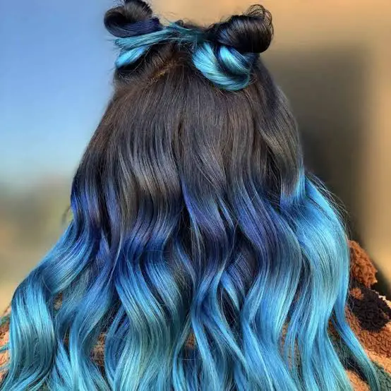 Mid-Back Layers With Bright Blue Accent Buns — Classy Blue Hair Color