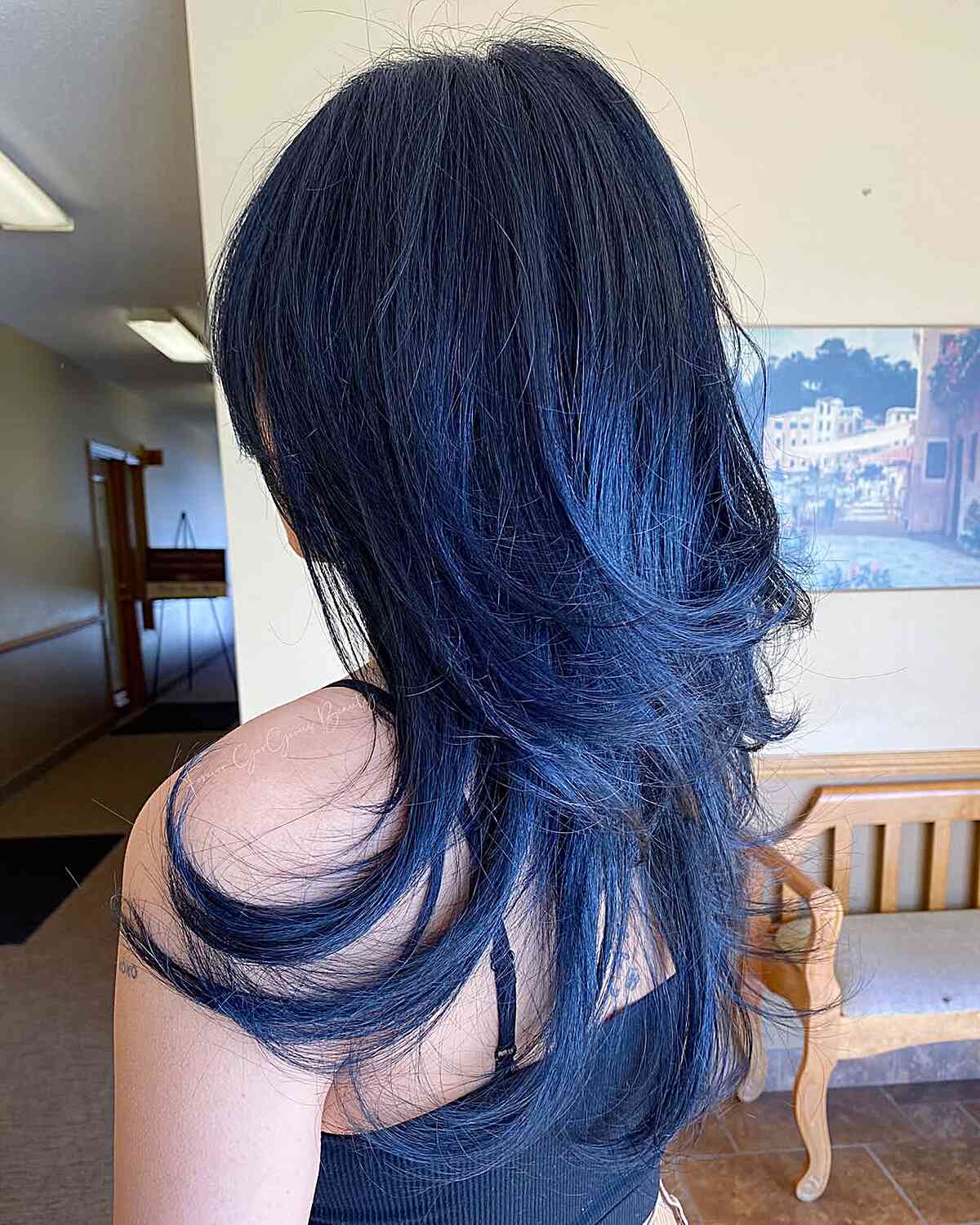 Collarbone Layers With Blue-Black Base — Classy Blue Hair Color