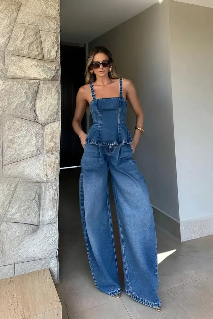 Monochromatic Blue Denim Set with Wide-Leg Trousers Monochromatic Blue Denim Set with Wide-Leg Trousers — Classy Blue Outfits