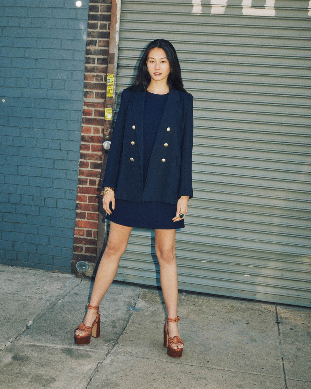 Navy Double-Breasted Blazer with a Mini Dress Navy Double-Breasted Blazer with a Mini Dress — Classy Blue Outfits