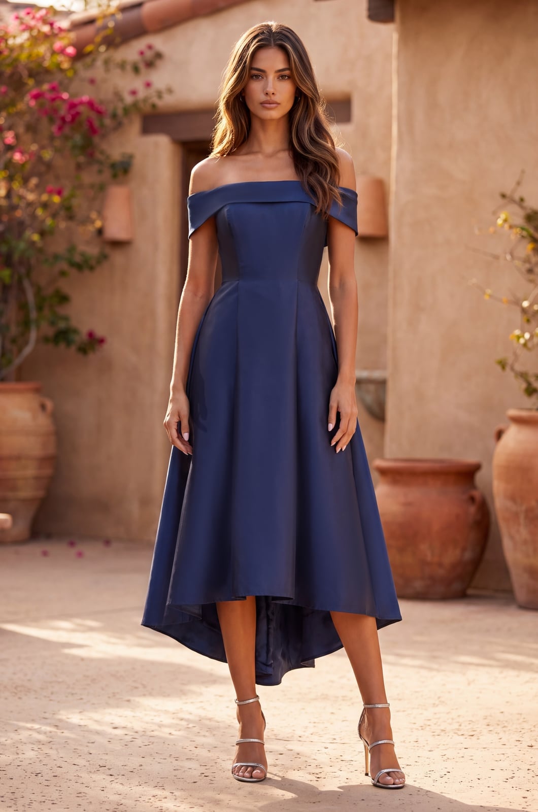 Elegant Navy Off-Shoulder Satin Dress for Evening Glamour Classy Blue Outfits
