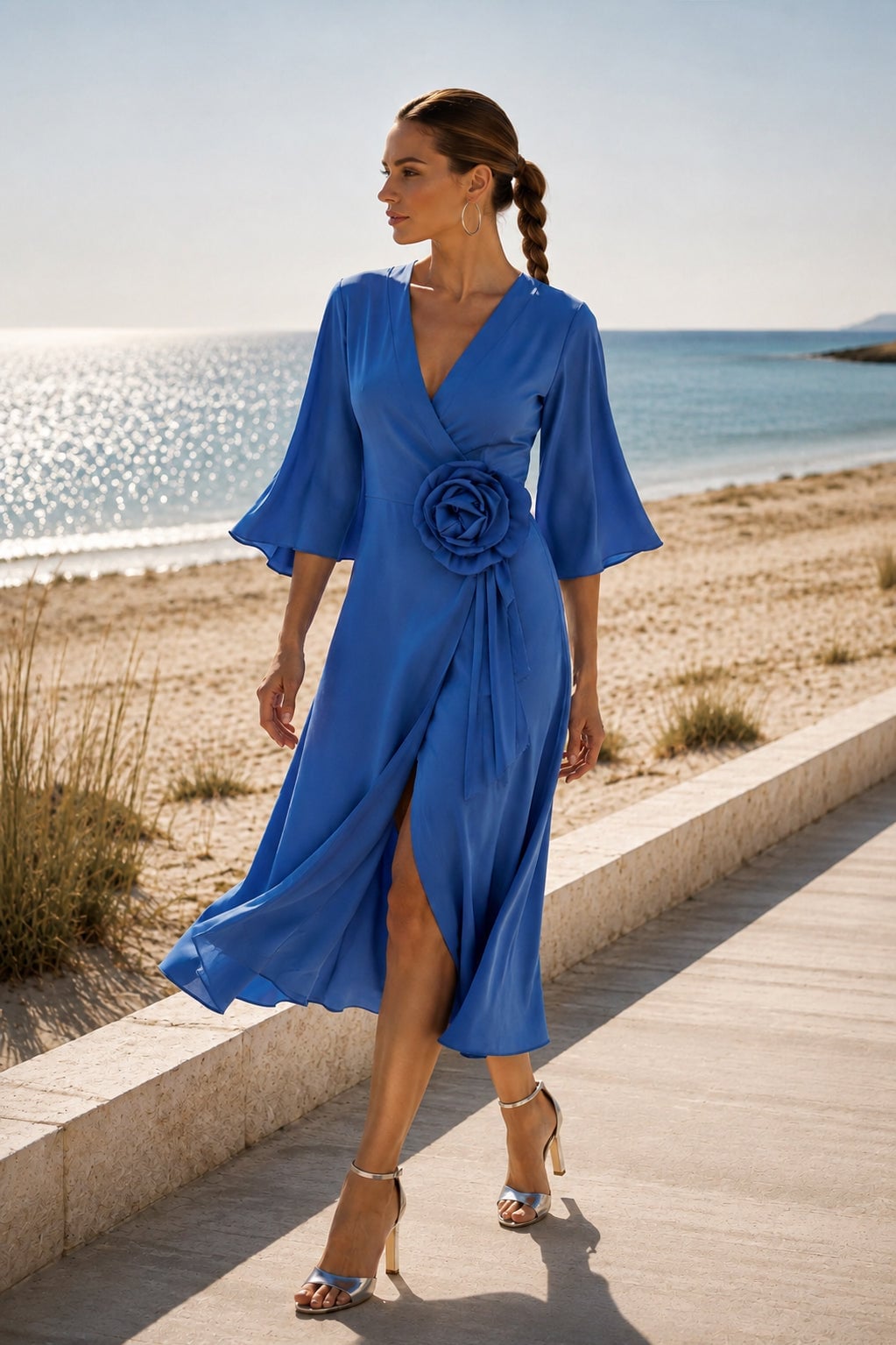 Blue Satin Wrap Midi Dress with Rose Detail Blue Satin Wrap Midi Dress with Rose Detail — Classy Blue Outfits
