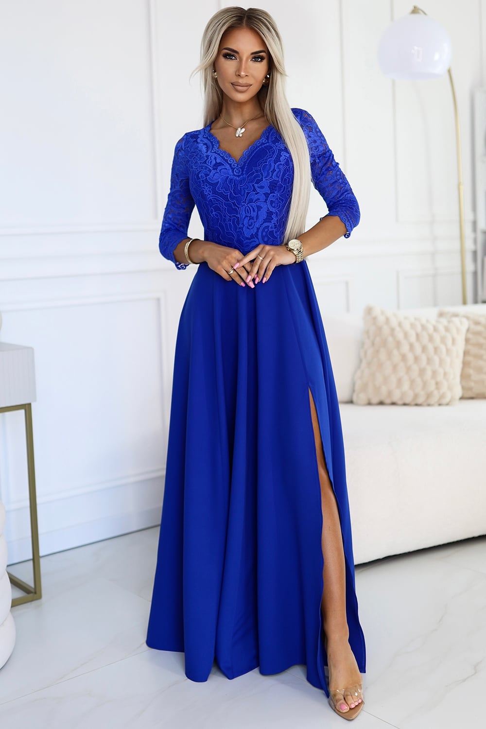 Royal Blue Lace Dress for Evening Formality With Nude High Heels Royal Blue Lace Dress for Evening Formality With Nude High Heels — Classy Blue Outfits