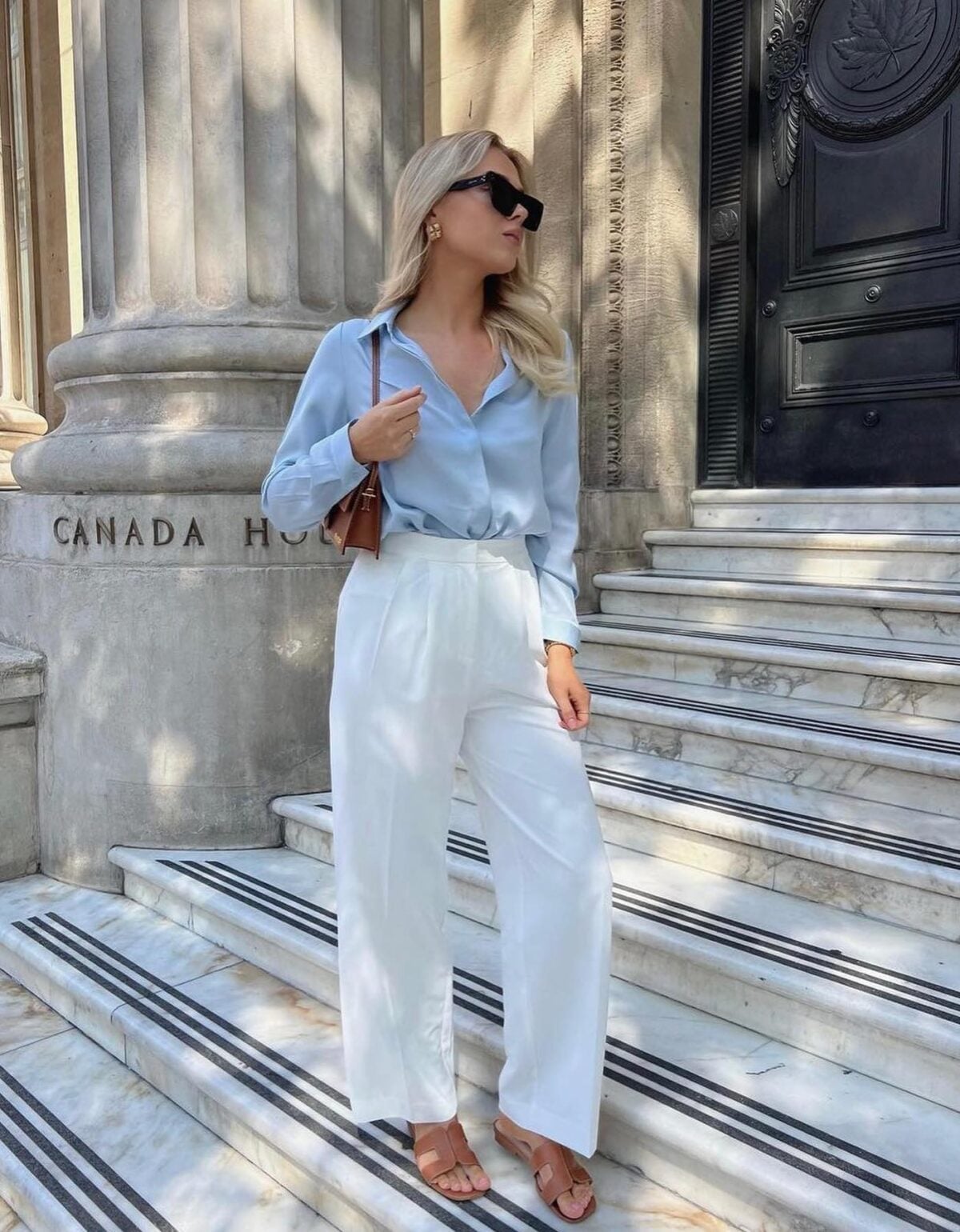 Light Blue Silk Shirt and White Linen Trousers Light Blue Silk Shirt and White Linen Trousers — Classy Blue Outfits