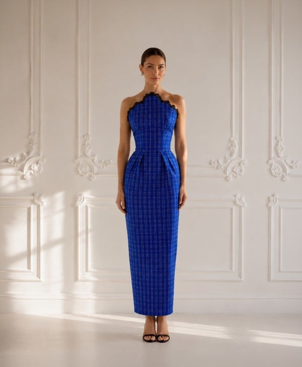 Cobalt Blue Halter Neck Dress with Lace Trim, A Woman Models A Fitted Cobalt Blue Halter Neck Dress with Lace Trim, A Woman Models A Fitted — Classy Blue Outfits