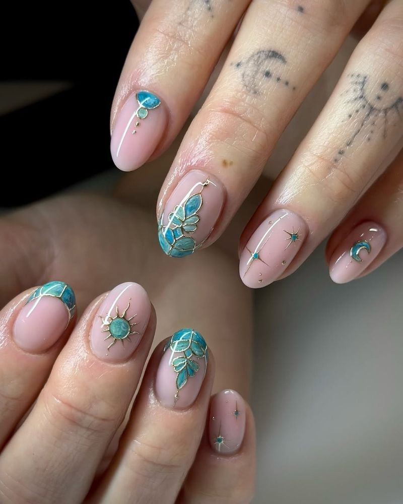 Medium Oval Sheer Pink With Metallic Blue Leaves Medium Oval Sheer Pink With Metallic Blue Leaves — Classy Boho Nails