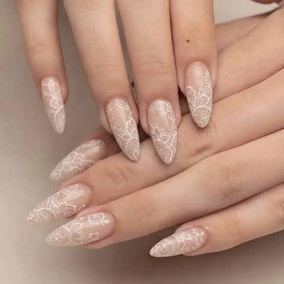 Medium Almond Sheer Nude With White Lace Pattern, Glossy Medium Almond Sheer Nude With White Lace Pattern, Glossy — Classy Boho Nails