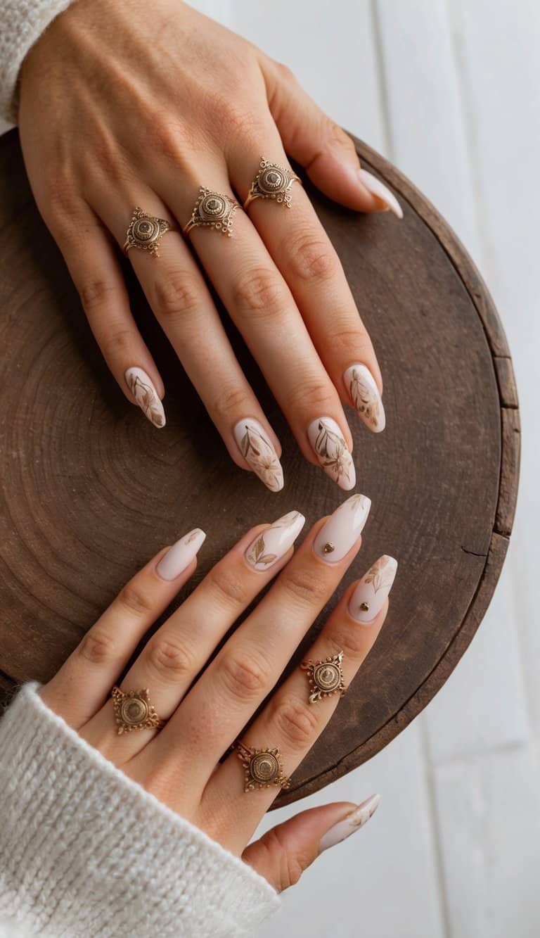 Medium Almond Milky Base With Gold Leaf Accents, Close-Up Take Medium Almond Milky Base With Gold Leaf Accents, Close-Up Take — Classy Boho Nails