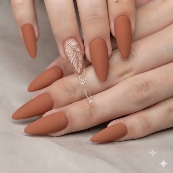 Long Stiletto Matte Terracotta With Feather Art Long Stiletto Matte Terracotta With Feather Art — Classy Boho Nails