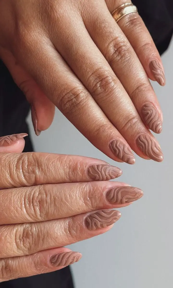 Medium Almond Matte Earthy Brown With Embossed Waves Medium Almond Matte Earthy Brown With Embossed Waves — Classy Boho Nails