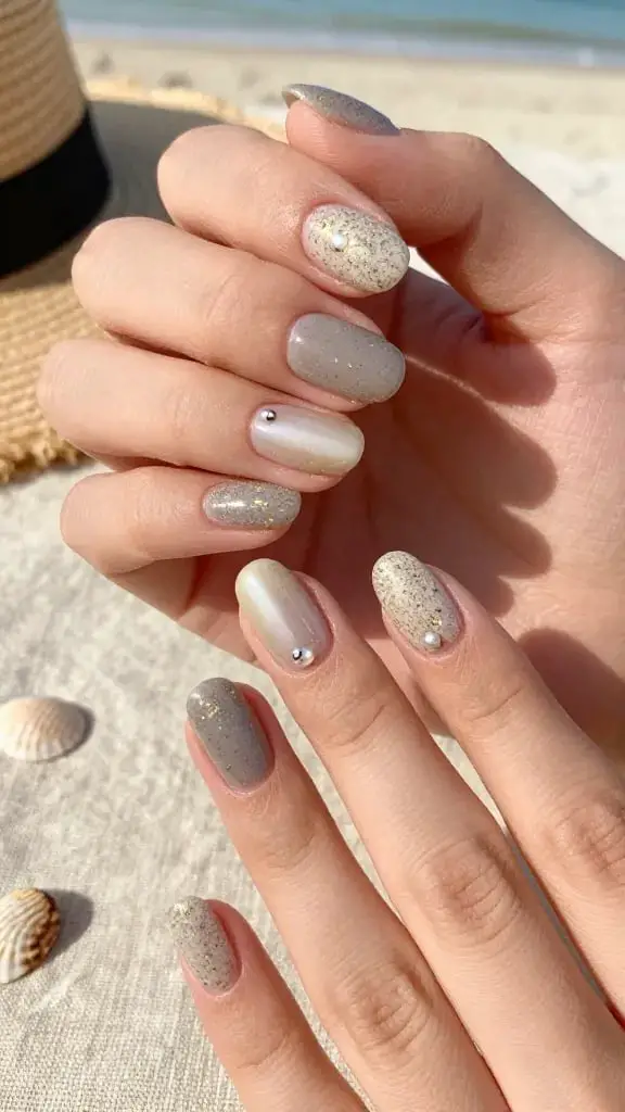 Short Oval Mix of Finishes With Pearl Accent Short Oval Mix of Finishes With Pearl Accent — Classy Boho Nails