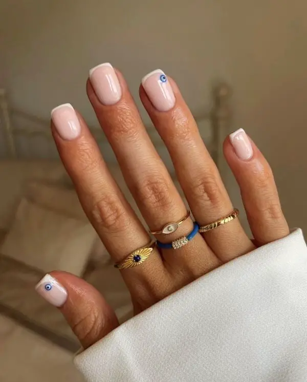 Short Square Pink With White French Tip And Blue Eye Short Square Pink With White French Tip And Blue Eye — Classy Boho Nails