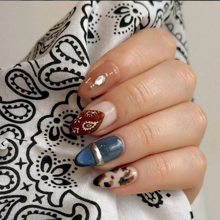 Medium Almond Mixed Prints With Rhinestone Medium Almond Mixed Prints With Rhinestone — Classy Boho Nails