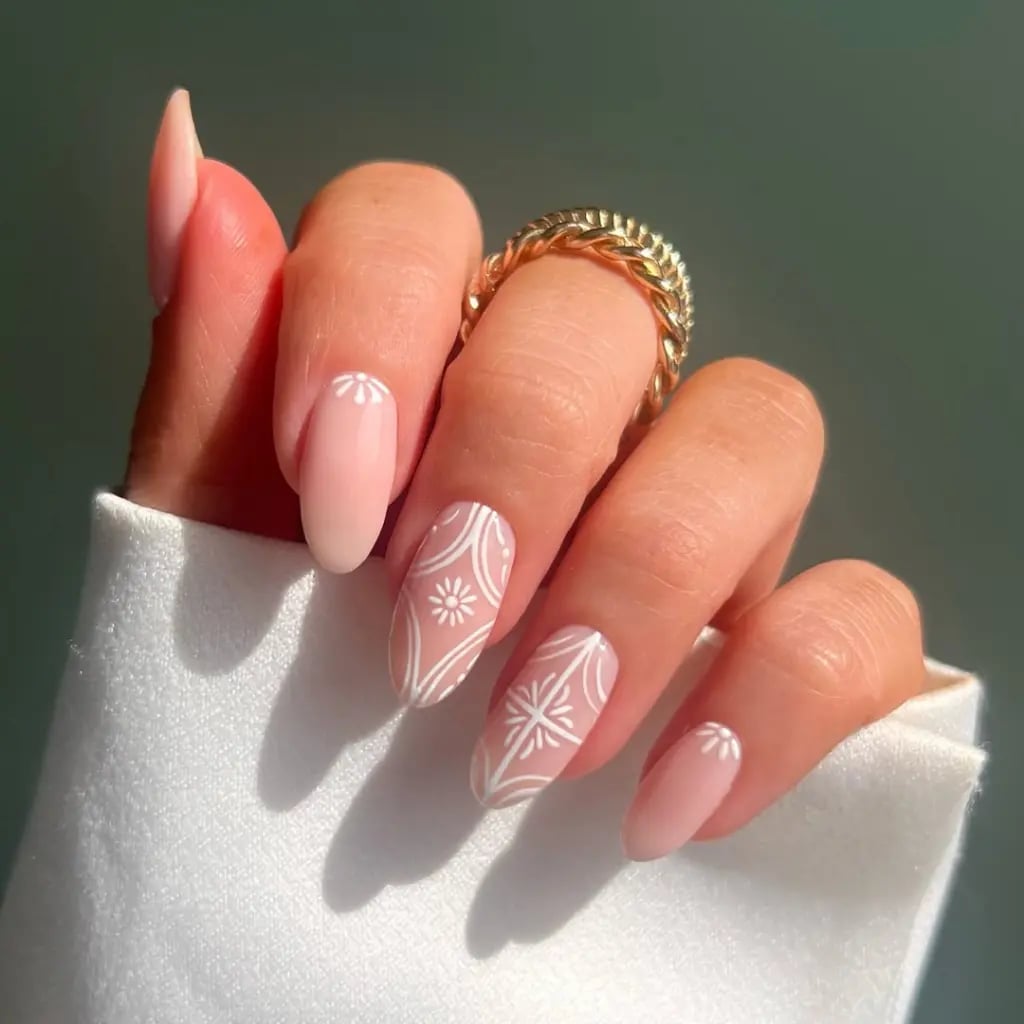Medium Almond Sheer Pink With White Geometric Art Medium Almond Sheer Pink With White Geometric Art — Classy Boho Nails