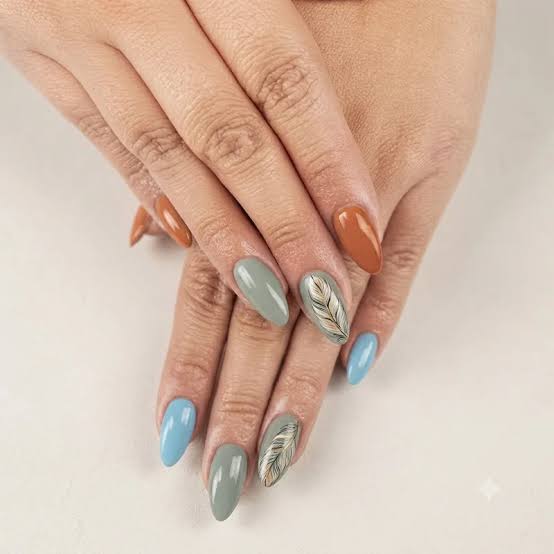 Medium Almond Sage Green With Feather Art Medium Almond Sage Green With Feather Art — Classy Boho Nails