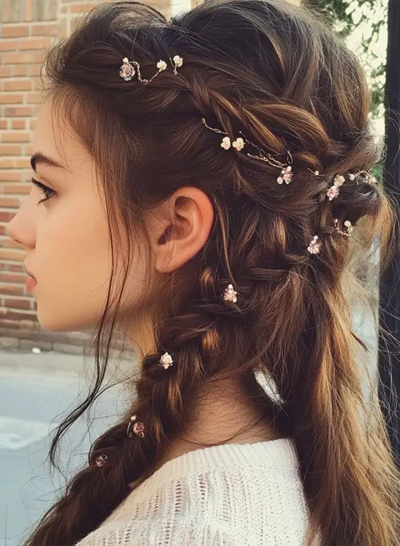 Medium Brown Twisted Braids with Floral Accents — Classy Braiding Hair