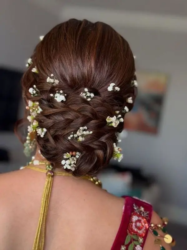 Dark Brown Braided Updo With Floral Accents Dark Brown Braided Updo With Floral Accents — Classy Bridal Hairstyles