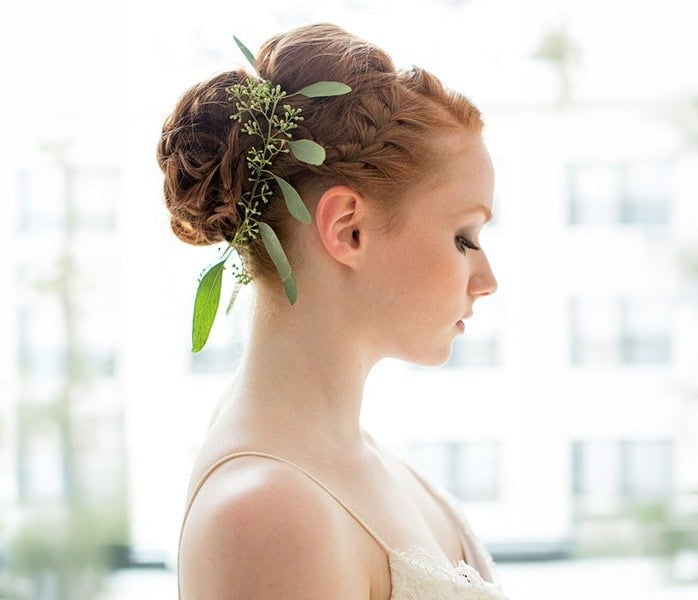 Red Braided Updo With Floral Accents Red Braided Updo With Floral Accents — Classy Bridal Hairstyles