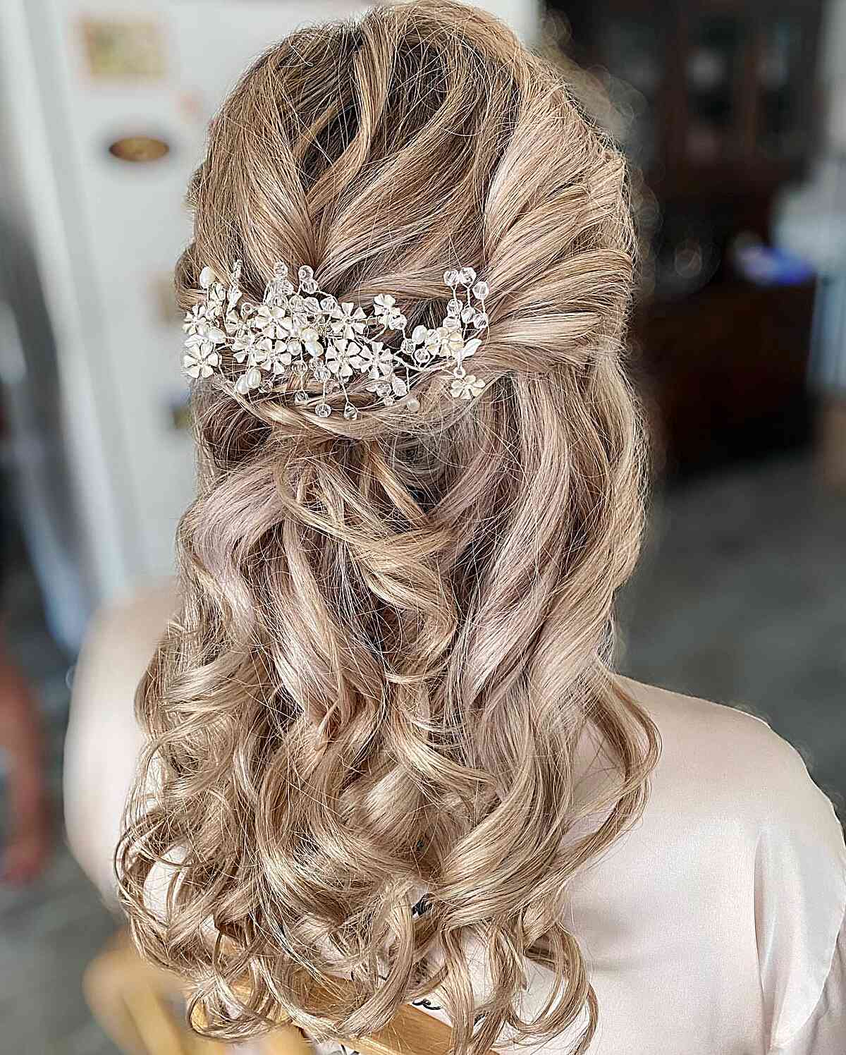 Ash Blonde Half-Up With Jeweled Accessory Ash Blonde Half-Up With Jeweled Accessory — Classy Bridal Hairstyles