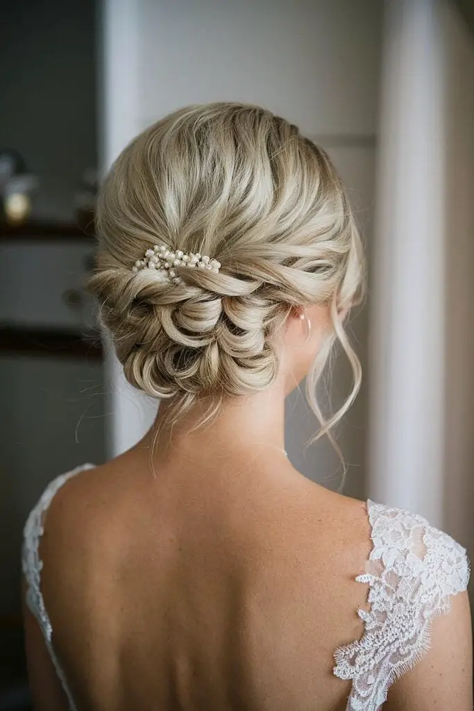 Platinum Blonde Twisted Updo With Wispy Bangs Platinum Blonde Twisted Updo With Wispy Bangs — Classy Bridal Hairstyles