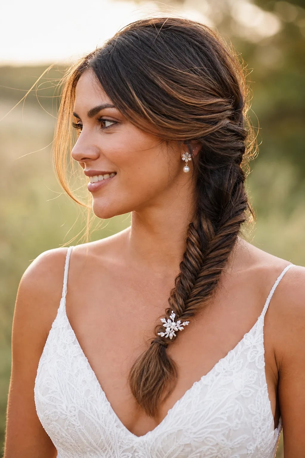Brunette Fishtail Braid With Face-Framing Layers Brunette Fishtail Braid With Face-Framing Layers — Classy Bridal Hairstyles
