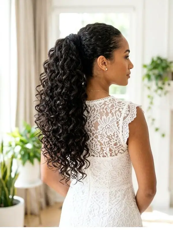Dark Brown High Ponytail With Defined Curls Dark Brown High Ponytail With Defined Curls — Classy Bridal Hairstyles