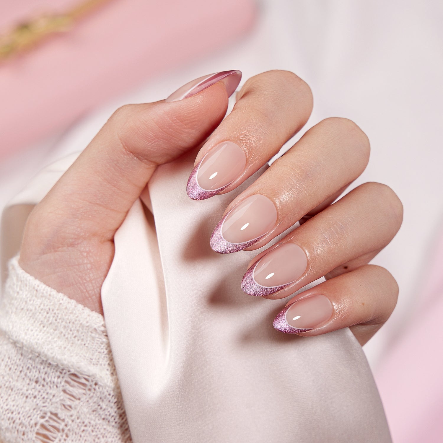 Medium Almond Metallic Pink French Medium Almond Metallic Pink French — Classy Bride Nail