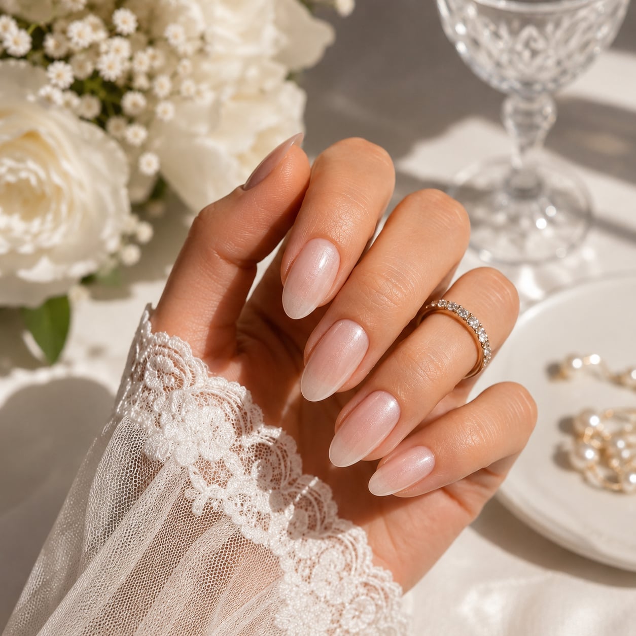 Medium Almond Peach Pink Shimmer Medium Almond Peach Pink Shimmer — Classy Bride Nail